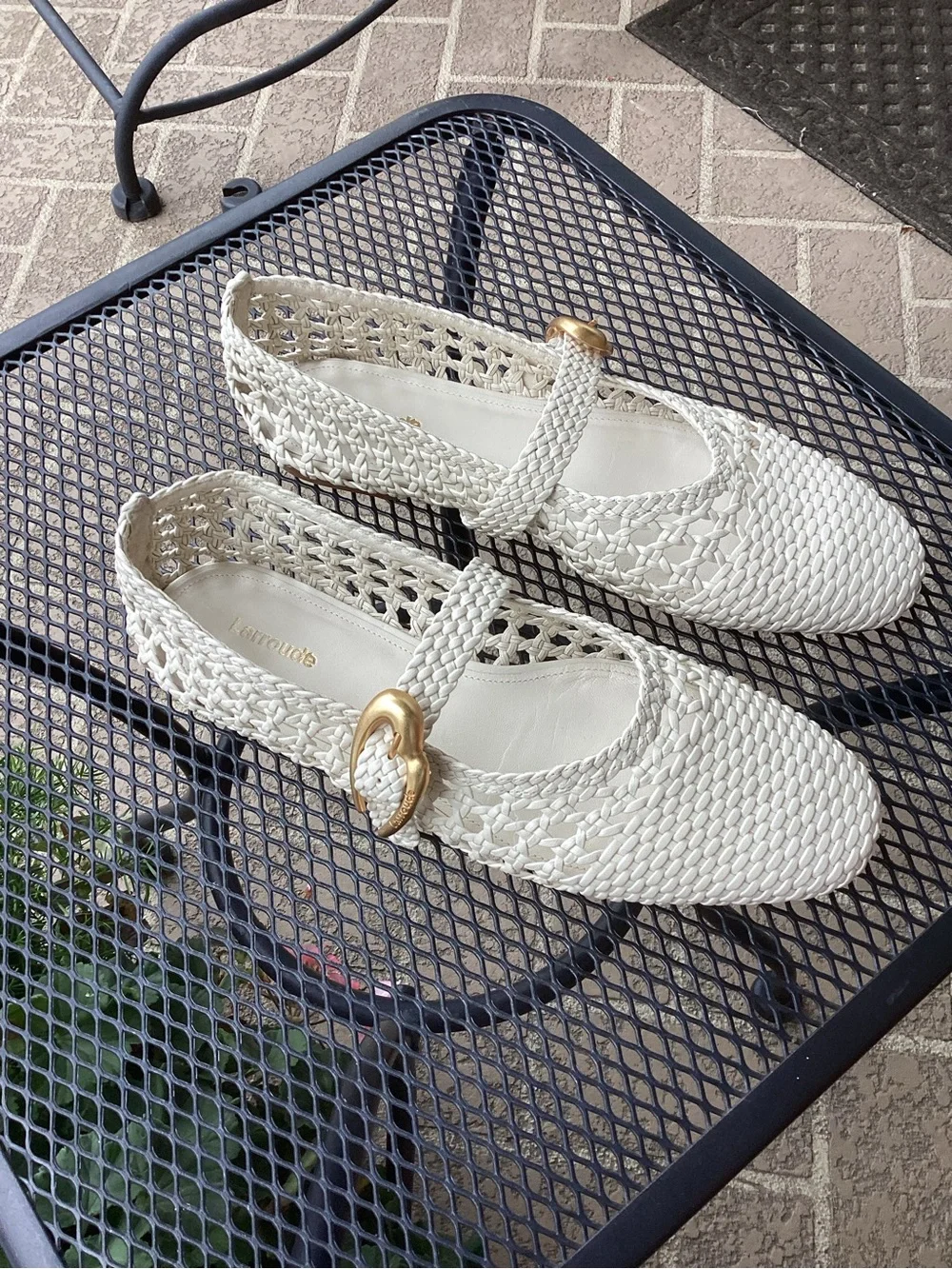 Larroude Woven Mary Jane Dress Shoes for Kids in Cream with Gold Buckle